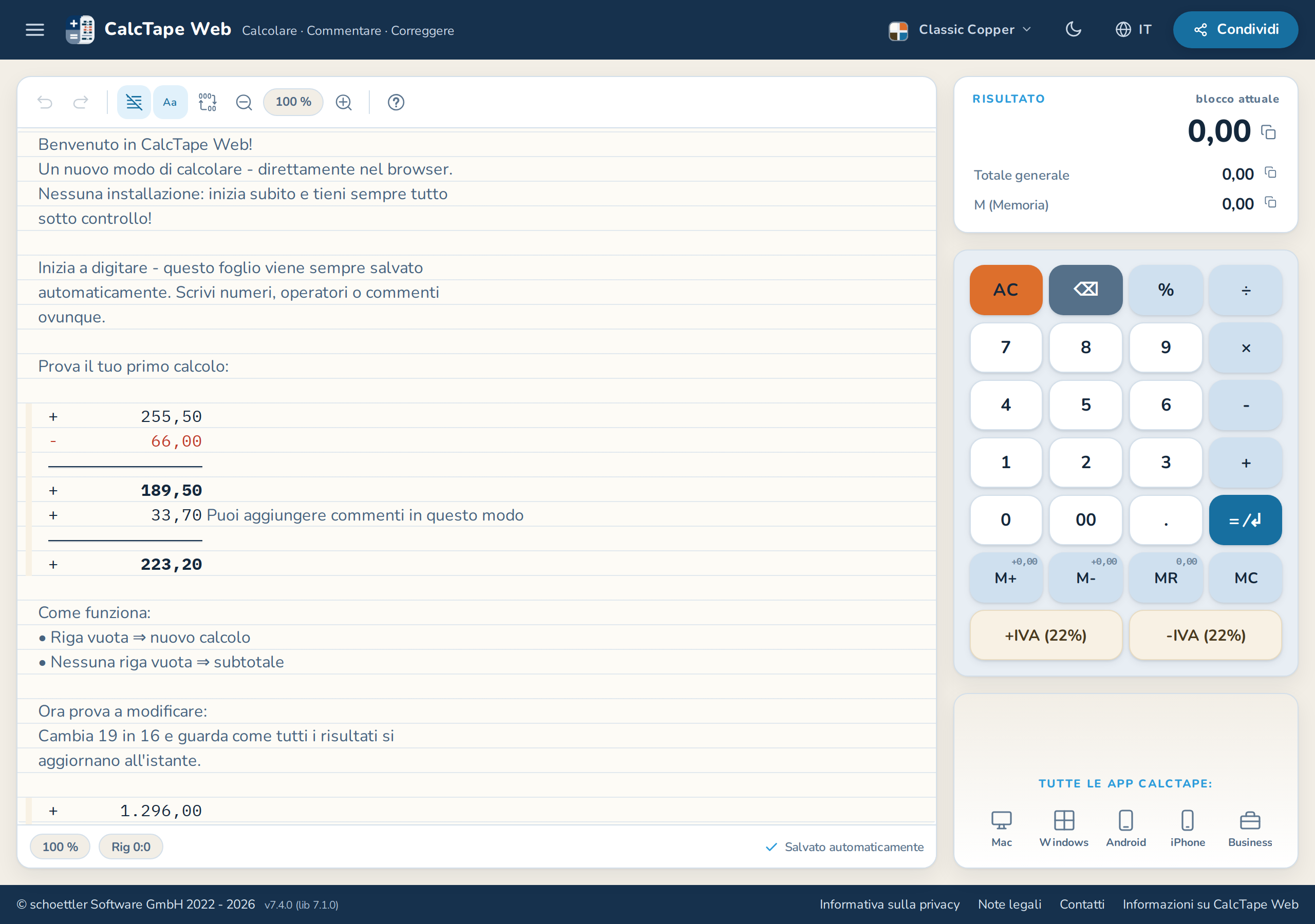 CalcTape Web nel tuo browser